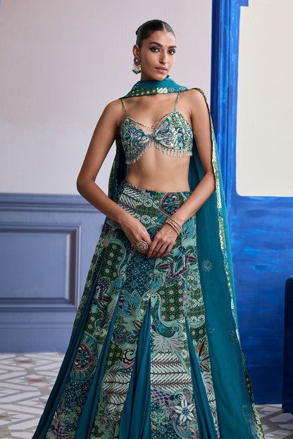 GREEN FLORAL BLOUSE WITH GODET SKIRT & EMBROIDERED DUPATTA SET