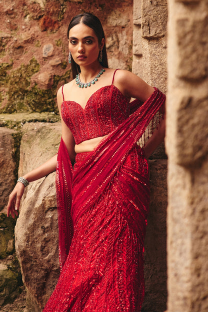 VERMELLION RED EMBELLISHED PRE-DRAPED SKIRT SAREE SET