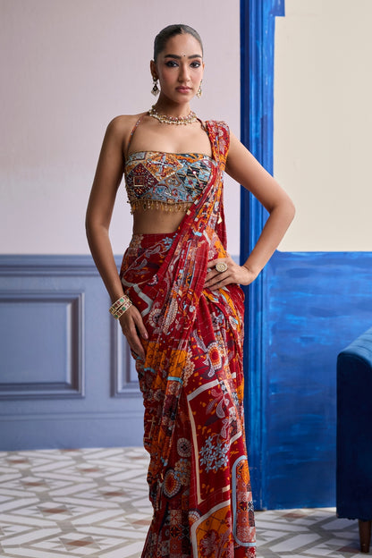 RUST MOSAIC BLOUSE WITH PRE-DRAPED PANELLED SAREE SET
