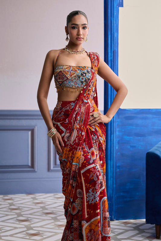 RUST MOSAIC BLOUSE WITH PRE-DRAPED PANELLED SAREE SET