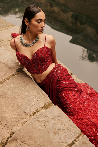 VERMELLION RED EMBELLISHED PRE-DRAPED SKIRT SAREE SET