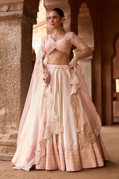 Sayeeda - Daisy Ivory With Pink Embroidered Lehenga