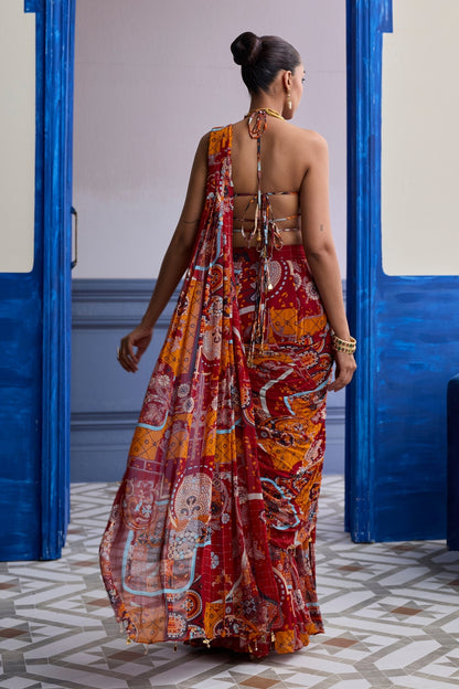 RUST MOSAIC BLOUSE WITH PRE-DRAPED PANELLED SAREE SET