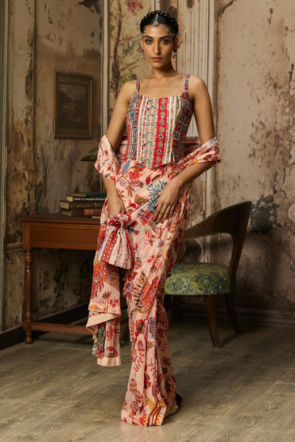 BLUSH PINK PRINTED AND HIGHLIGHTED CLASSIC SAREE SET