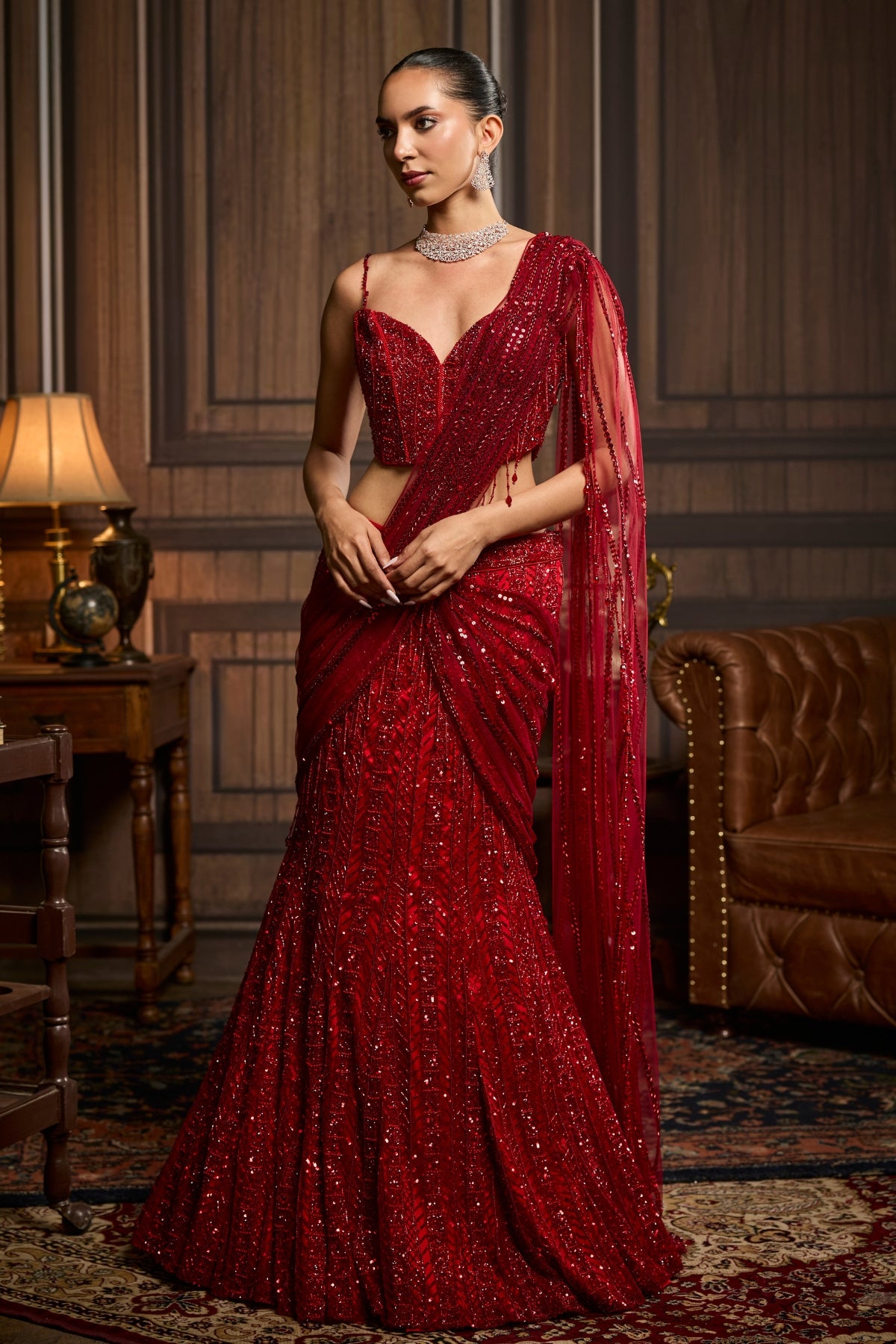 VERMELLION RED EMBELLISHED PRE-DRAPED SKIRT SAREE SET