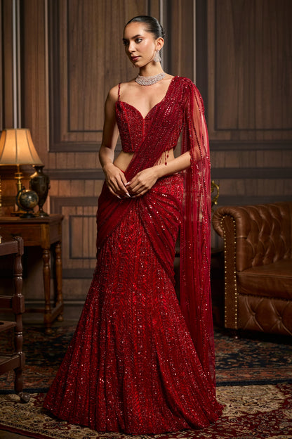 VERMELLION RED EMBELLISHED PRE-DRAPED SKIRT SAREE SET