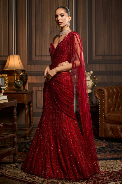 VERMELLION RED EMBELLISHED PRE-DRAPED SKIRT SAREE SET
