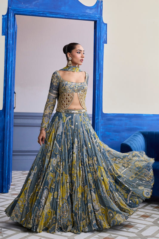 GREY MOSAIC SCALLOP CUTWORK BLOUSE WITH HIGHLIGHTED LEHENGA & TASSEL DUPATTA SET