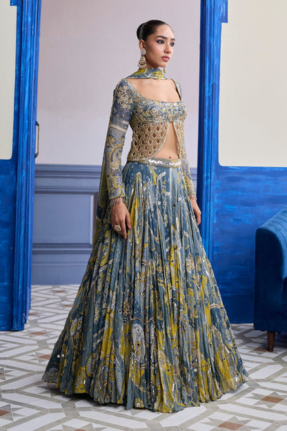 GREY MOSAIC SCALLOP CUTWORK BLOUSE WITH HIGHLIGHTED LEHENGA & TASSEL DUPATTA SET