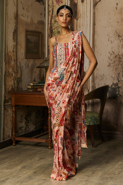 BLUSH PINK PRINTED AND HIGHLIGHTED CLASSIC SAREE SET