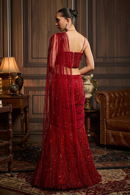 VERMELLION RED EMBELLISHED PRE-DRAPED SKIRT SAREE SET