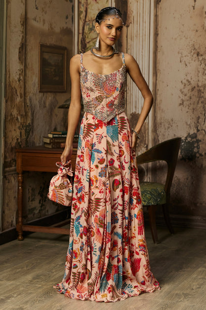 BLUSH PINK PRINTED AND HIGHLIGHTED CORSET GOWN