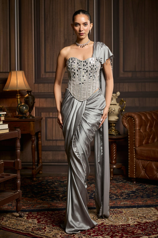 Silver Embellished Blouse and Pre Draped Saree Set