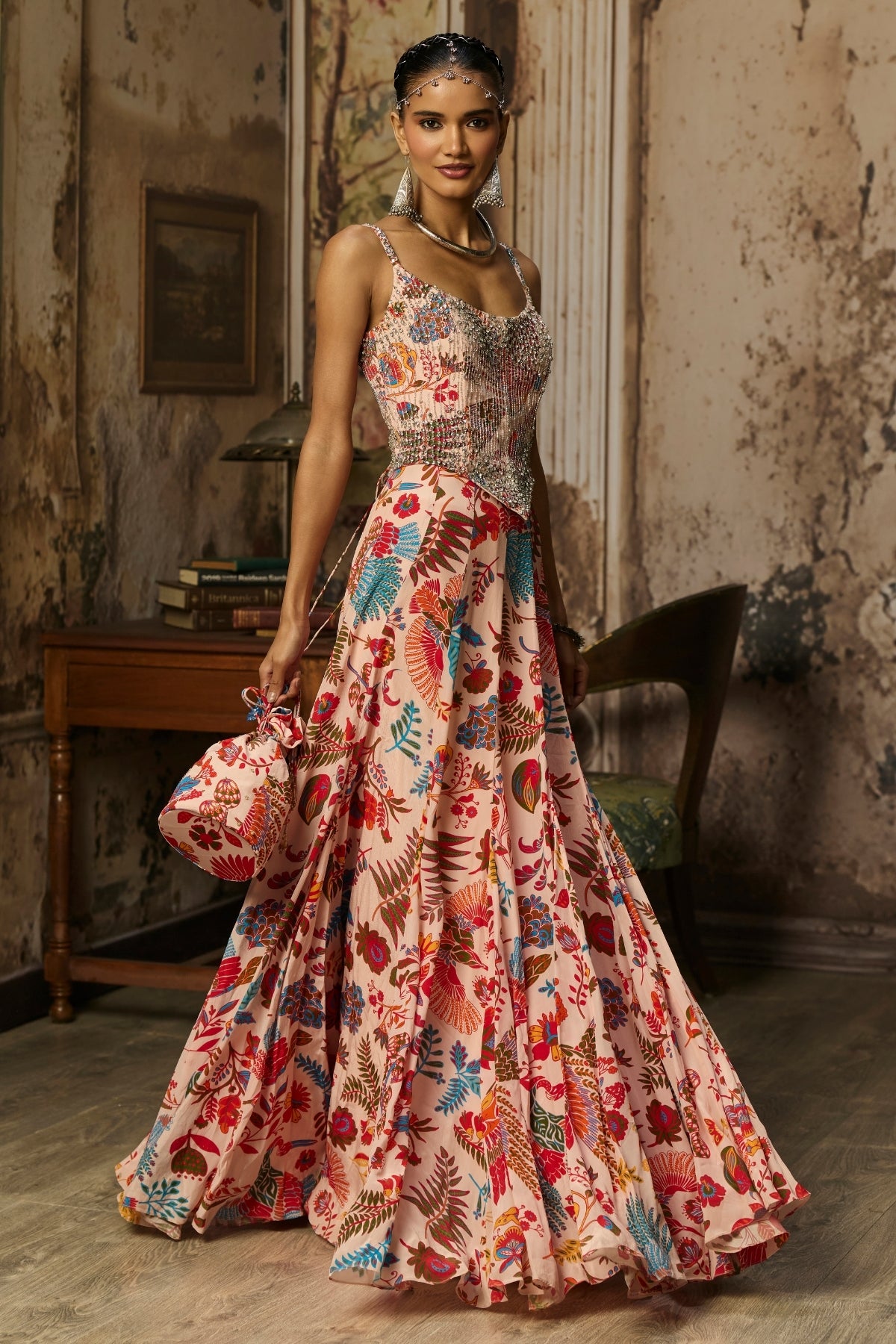 BLUSH PINK PRINTED AND HIGHLIGHTED CORSET GOWN