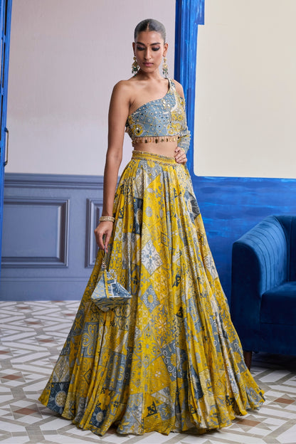 YELLOW MOSAIC ONE-SHOULDER BLOUSE WITH PRINTED LEHENGA SET