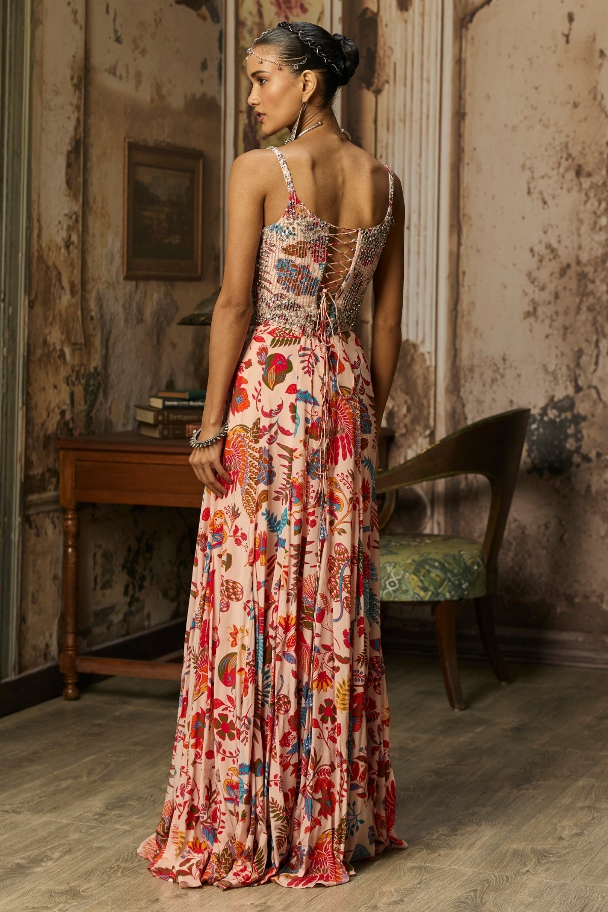 BLUSH PINK PRINTED AND HIGHLIGHTED CORSET GOWN