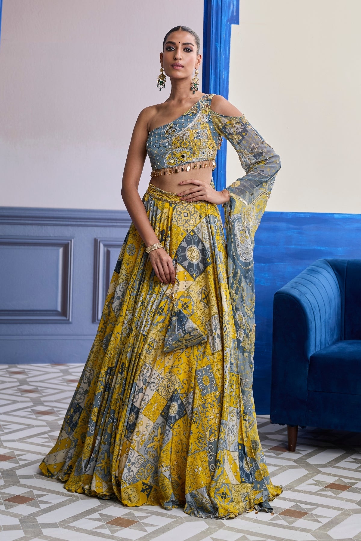 YELLOW MOSAIC ONE-SHOULDER BLOUSE WITH PRINTED LEHENGA SET