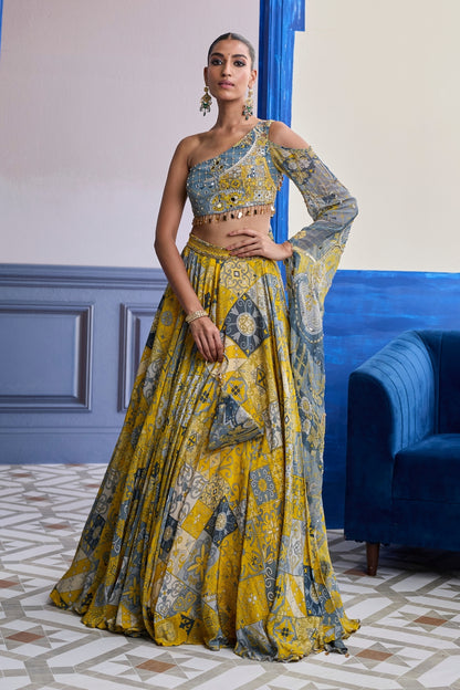 YELLOW MOSAIC ONE-SHOULDER BLOUSE WITH PRINTED LEHENGA SET