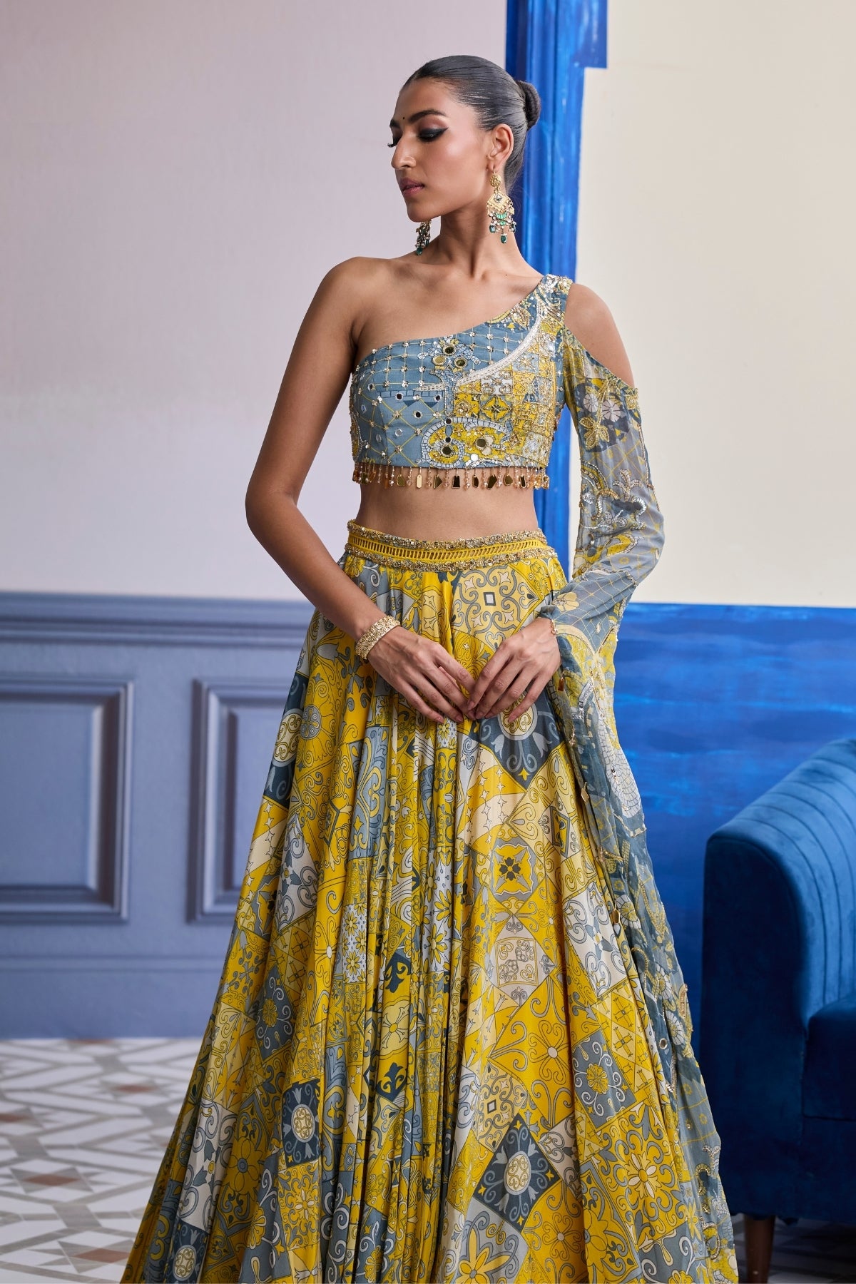 YELLOW MOSAIC ONE-SHOULDER BLOUSE WITH PRINTED LEHENGA SET