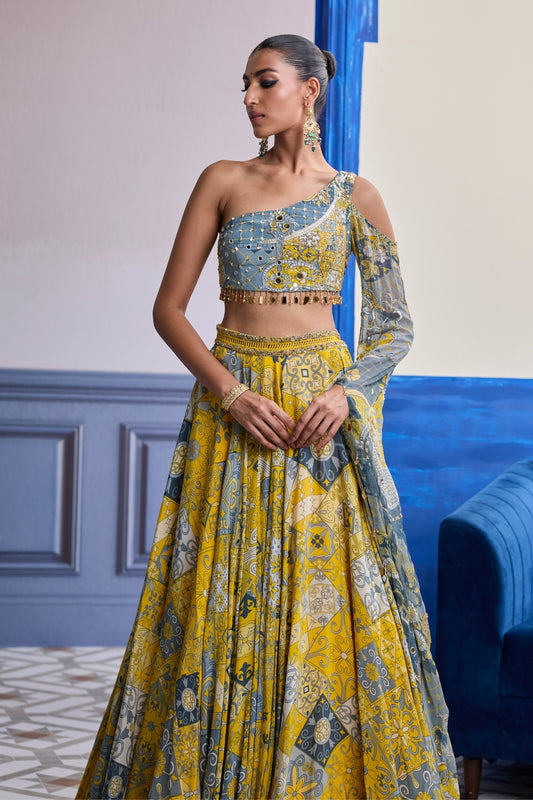YELLOW MOSAIC ONE-SHOULDER BLOUSE WITH PRINTED LEHENGA SET