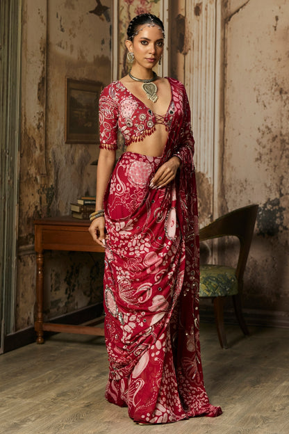 SCARLET RED PRINTED AND HIGHLIGHTED CLASSIC SAREE SET
