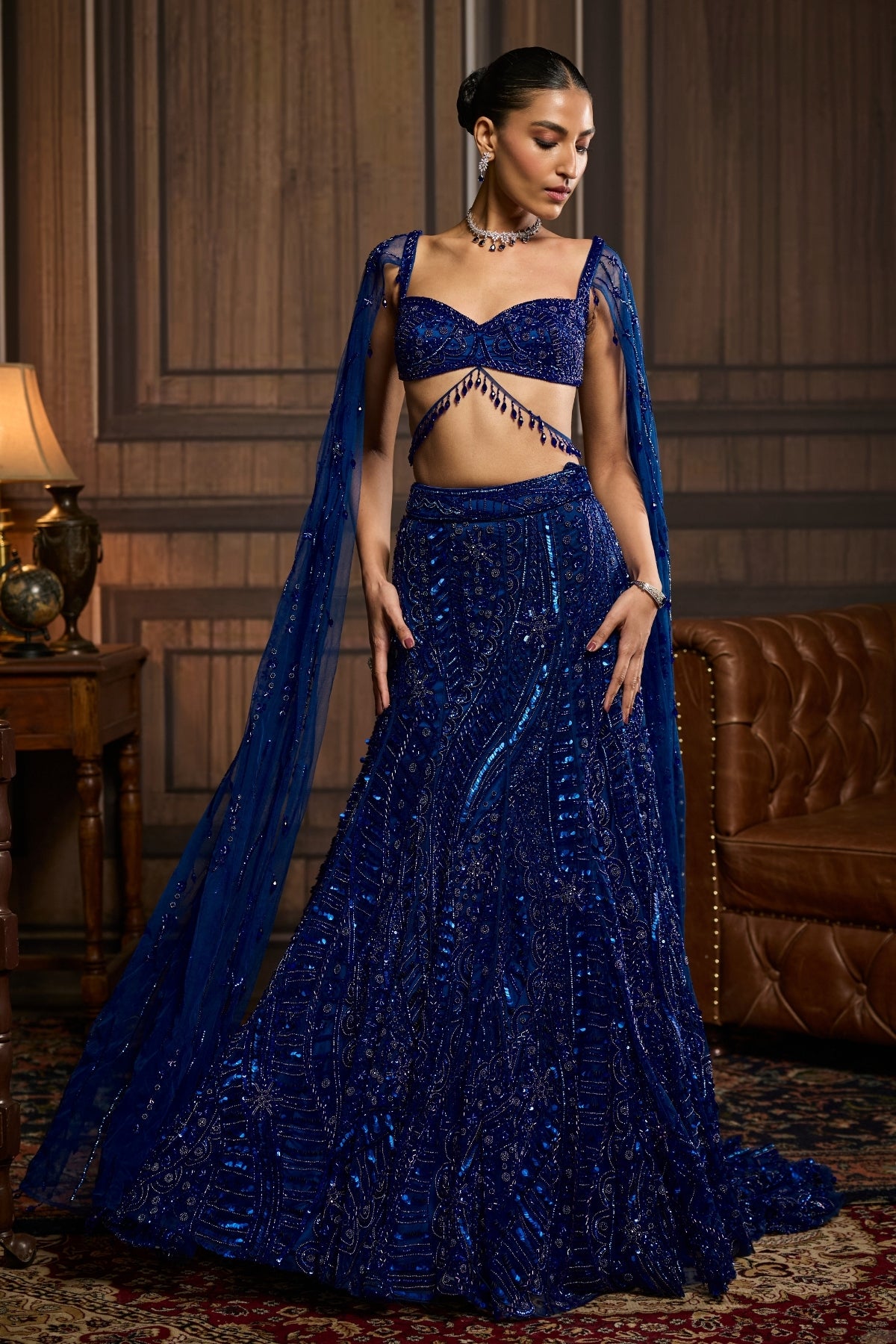 ELECTRIC BLUE  TRAIL MERMAID SKIRT SAREE SET