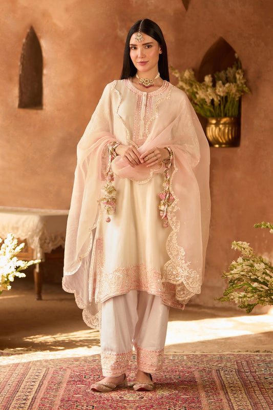 Anam - Daisy Ivory With Pink A-line Kurta With Salwar And Dupatta