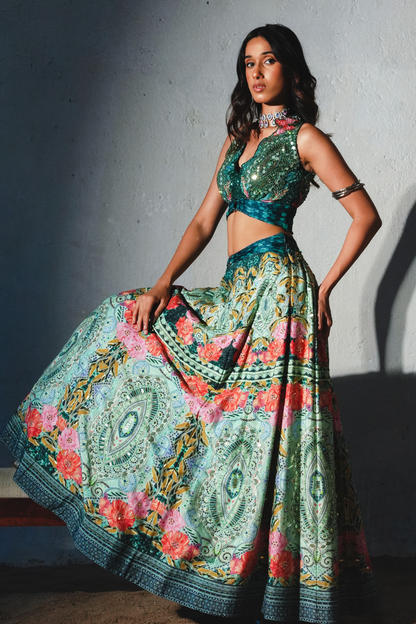 Bottle Green Chiffon Hand Embellished Lehenga Set