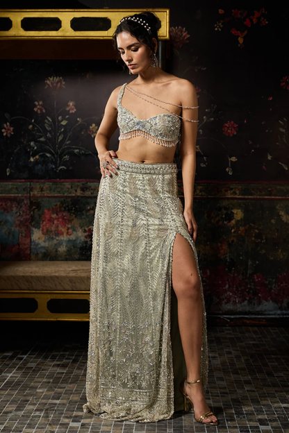 SILVER FULLY EMBELLISHED ASYMMETRICAL SLIT SKIRT SET
