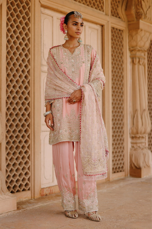 Elaya - Pink Short Kurta Set with Matching Salwar & Dupatta