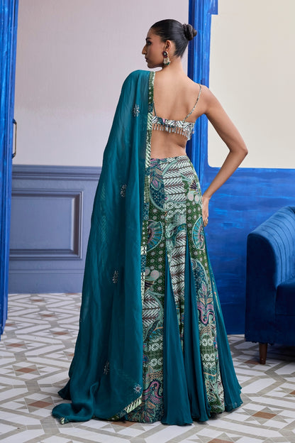 GREEN FLORAL BLOUSE WITH GODET SKIRT & EMBROIDERED DUPATTA SET