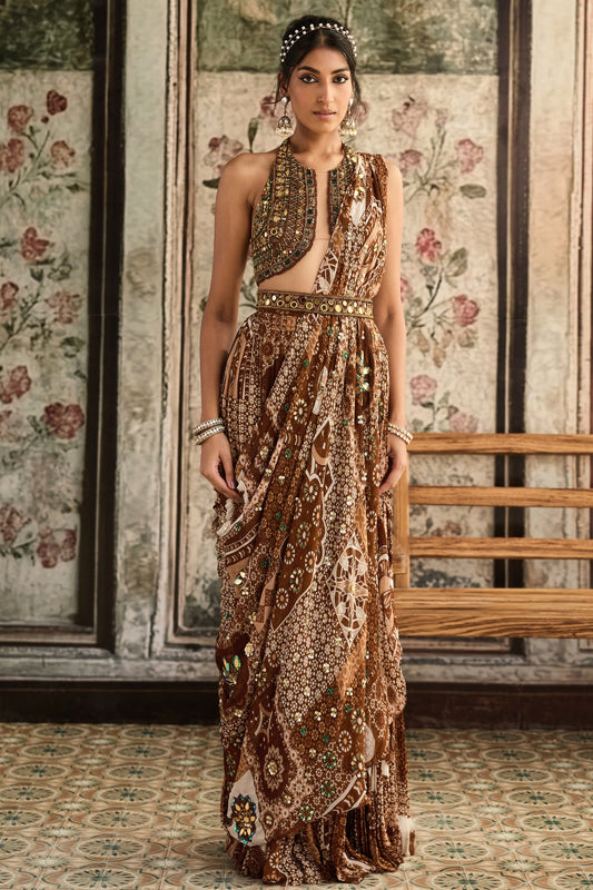 CARAMEL EMBROIDERED HALTER BLOUSE AND CARAMEL PRINT & HIGHLIGHTED  SAREE  SET