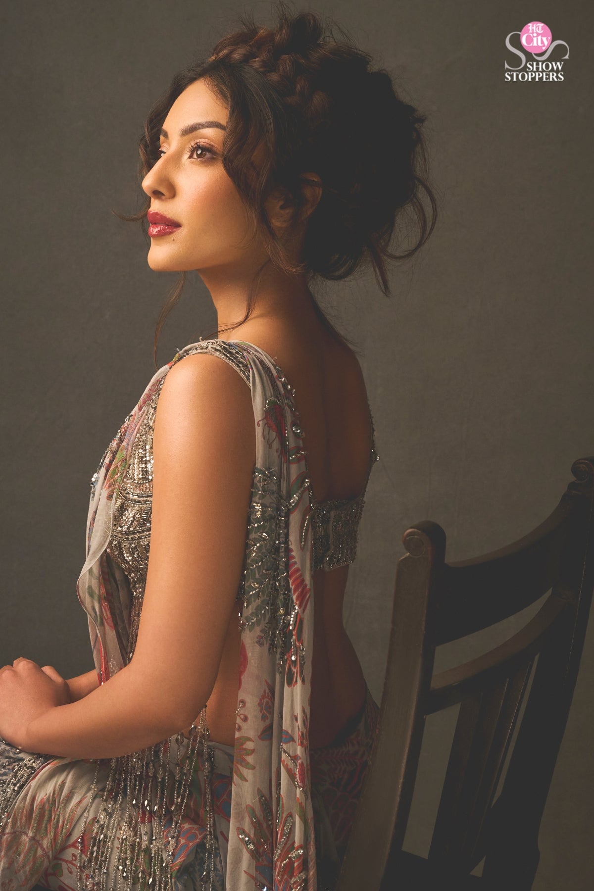 SAHHER BAMBBA IN SLATE GREY EMBROIDERED BLOUSE WITH DHOTI SKIRT SAREE SET