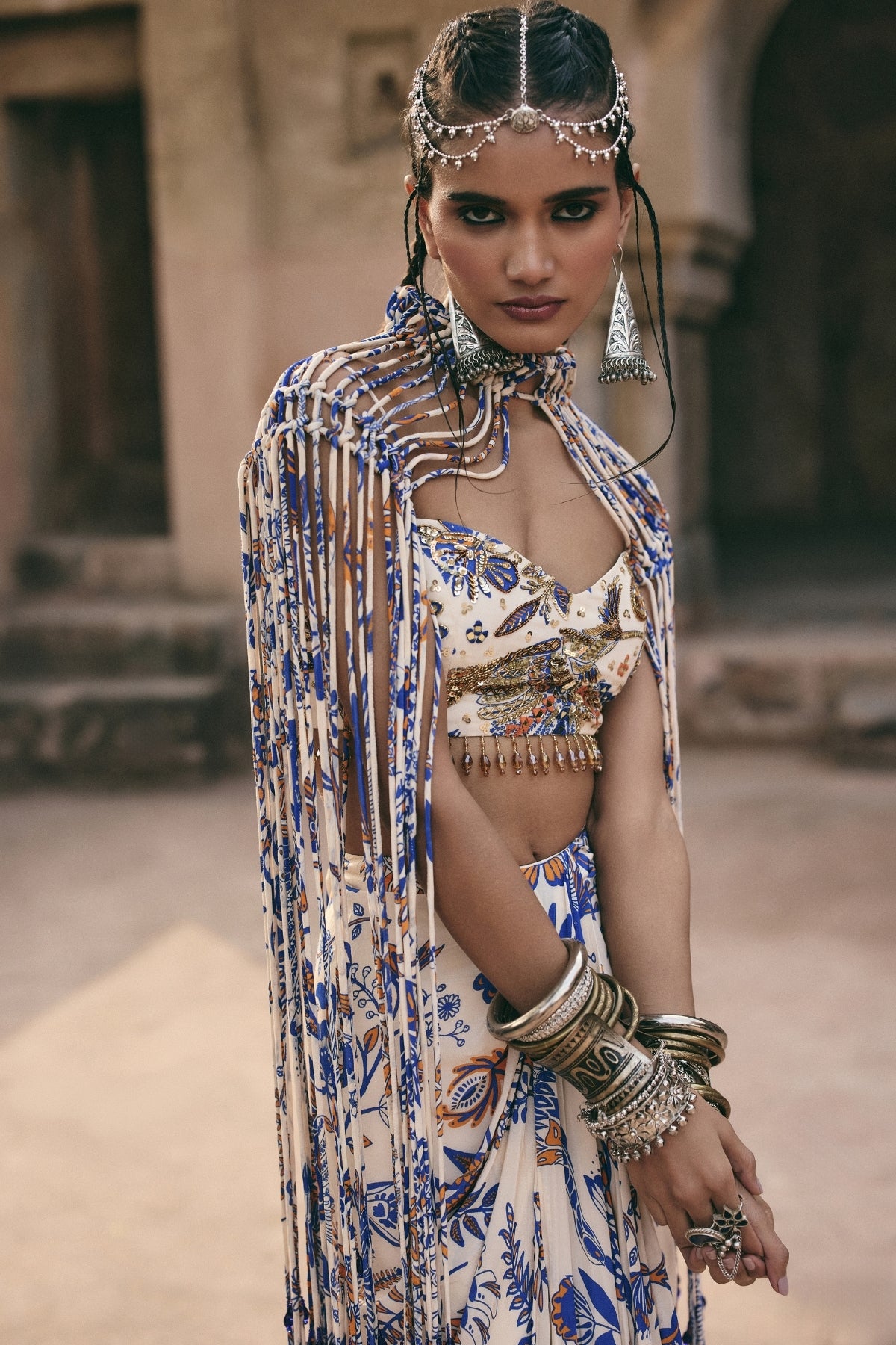 IVORY PRINTED AND HIGHLIGHTED BLOUSE WITH FRINGE JACKET & SKIRT SET