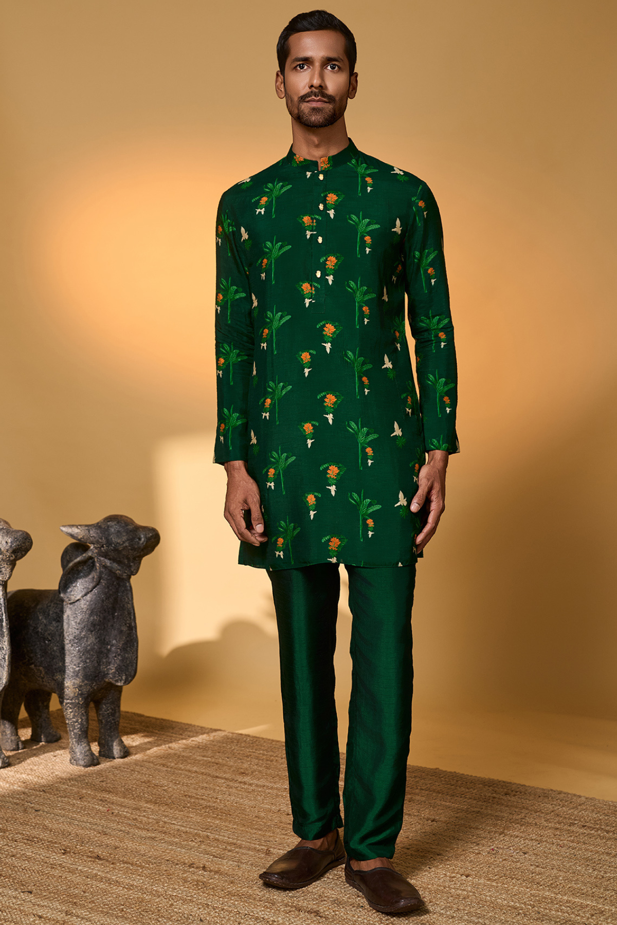 Bottle Green Tropical Kurta Set