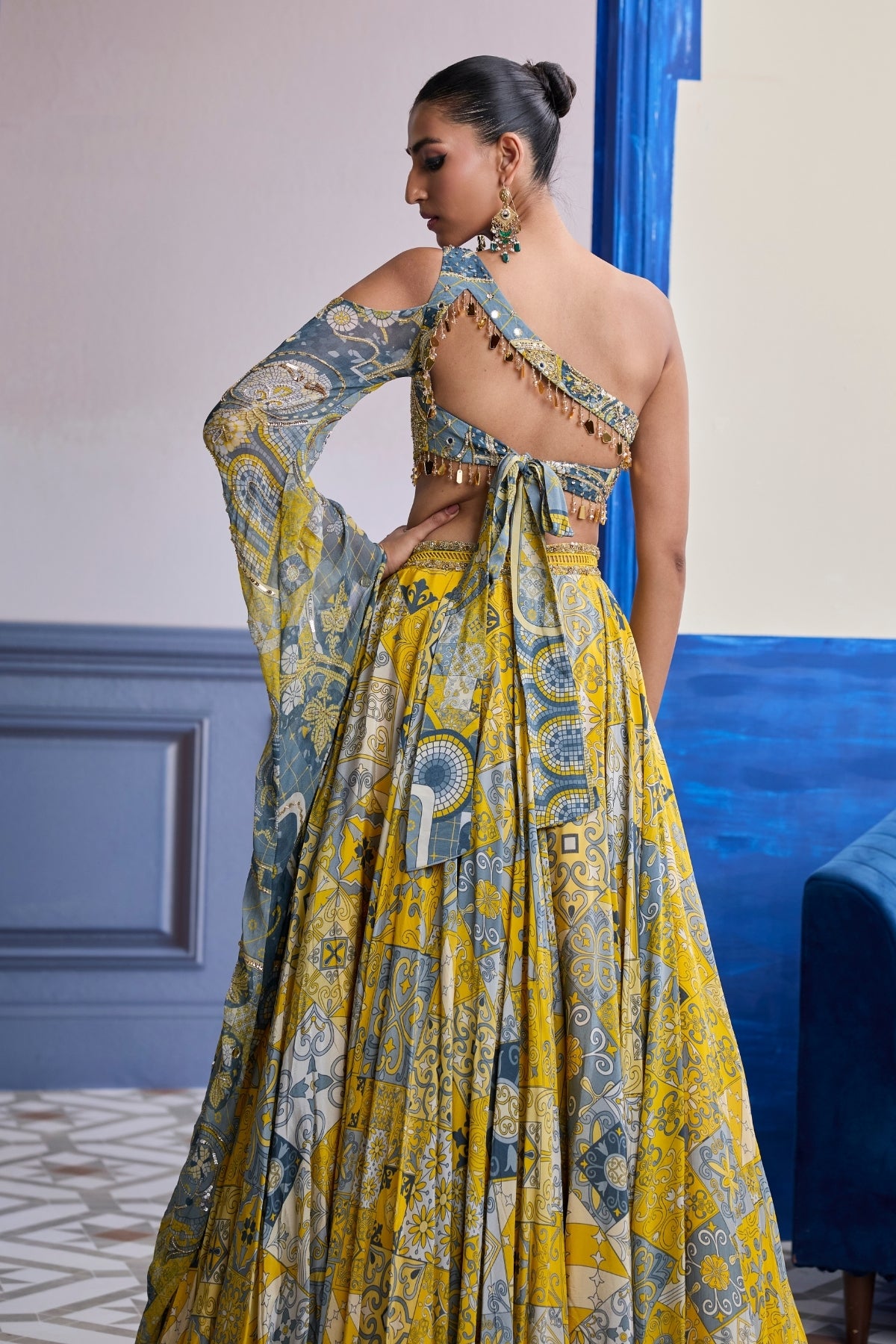 YELLOW MOSAIC ONE-SHOULDER BLOUSE WITH PRINTED LEHENGA SET