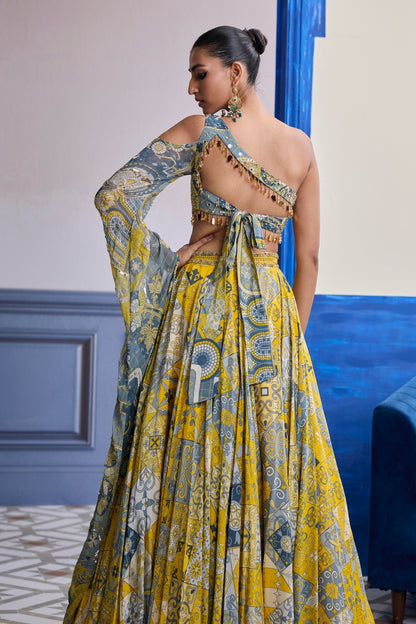YELLOW MOSAIC ONE-SHOULDER BLOUSE WITH PRINTED LEHENGA SET