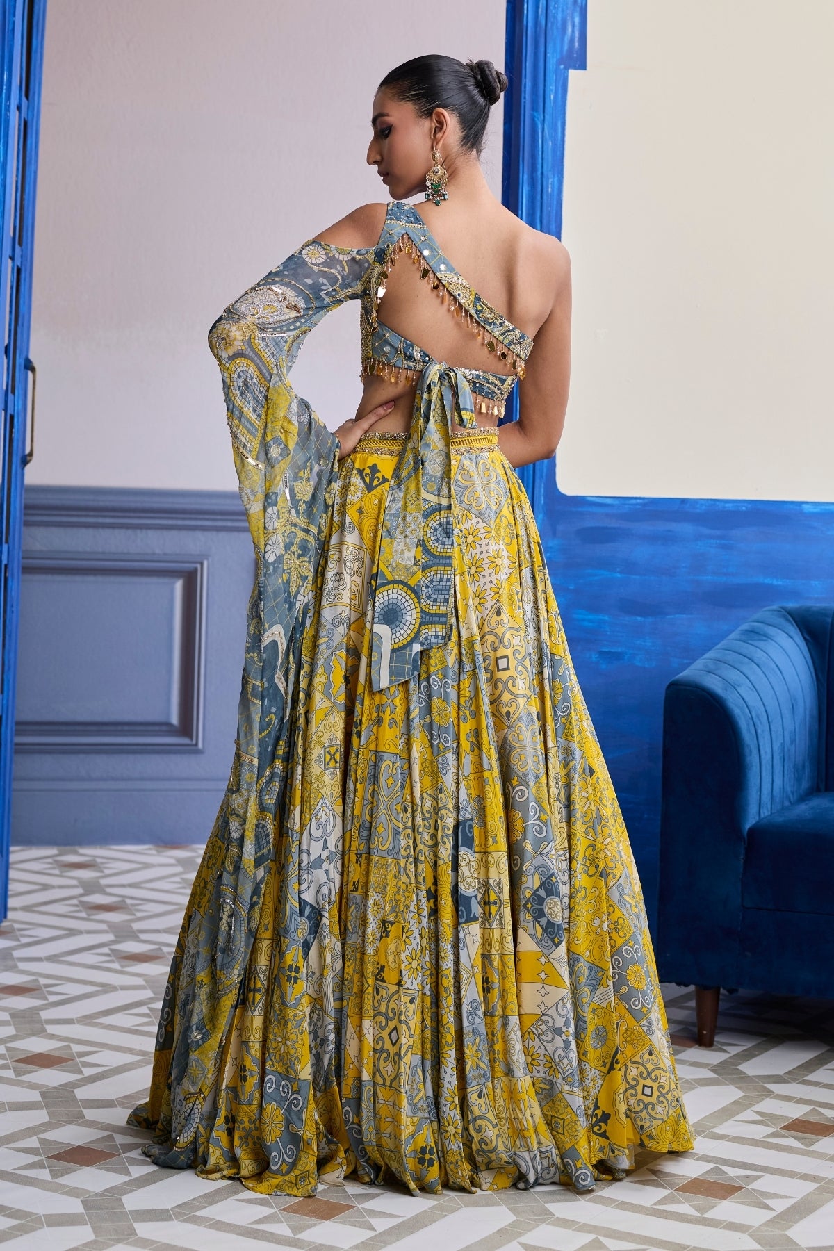 YELLOW MOSAIC ONE-SHOULDER BLOUSE WITH PRINTED LEHENGA SET