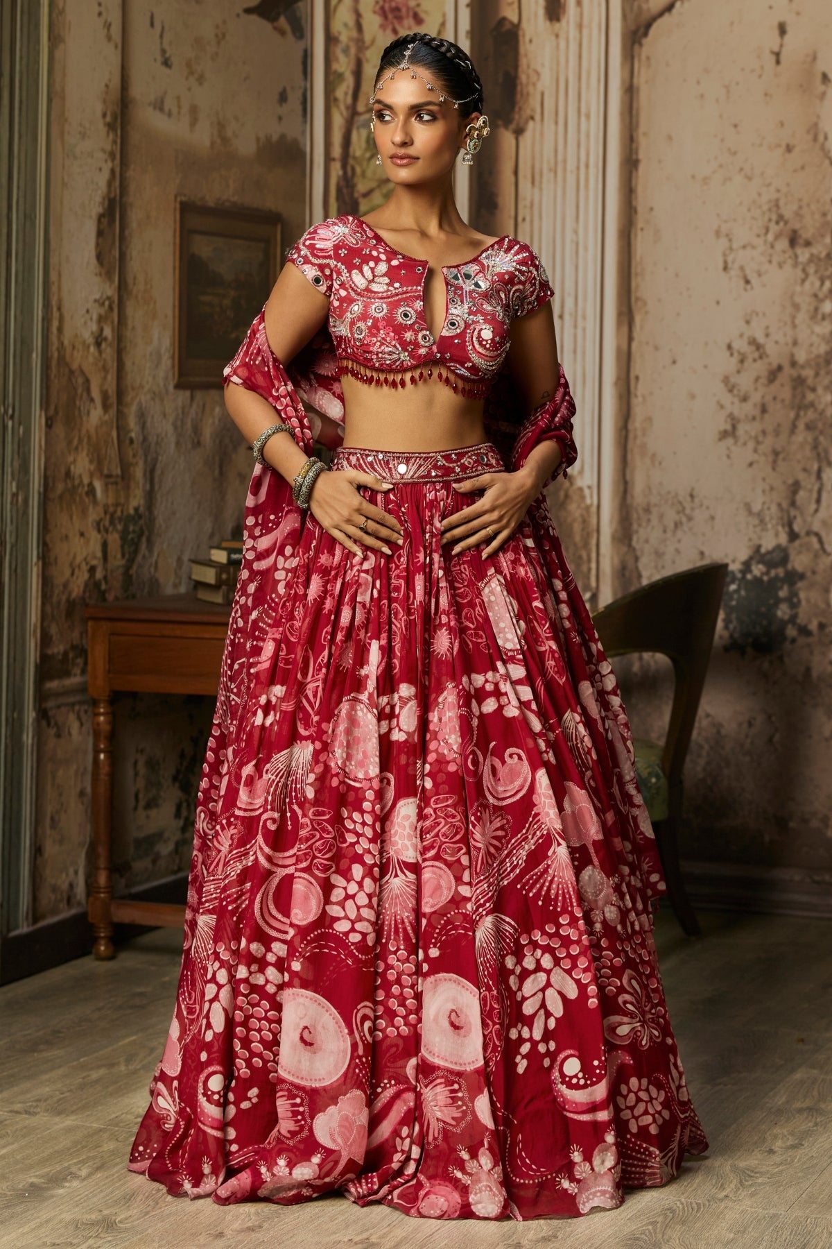 SCARLET RED PRINTED AND HIGHLIGHTED LEHENGA SET