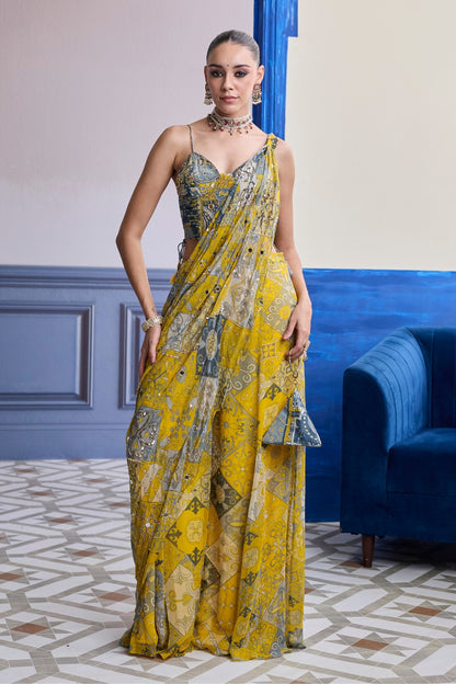 YELLOW GREY MOSAIC RUCHED CORSET WITH DRAPE SHARARA SAREE SET