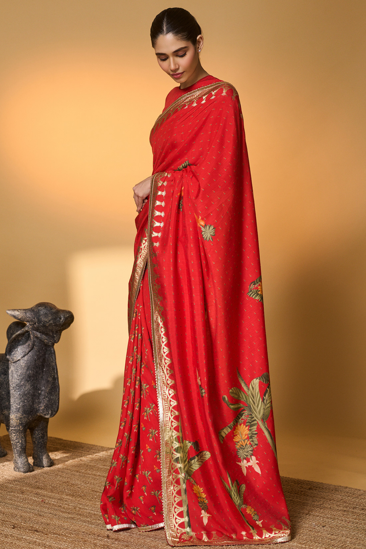 Red Tropical Amber Arches Saree