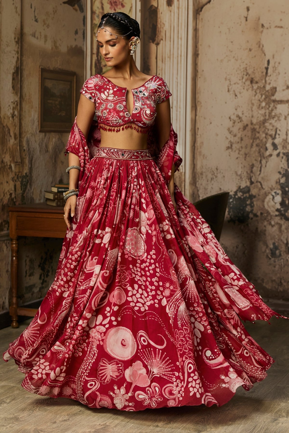 SCARLET RED PRINTED AND HIGHLIGHTED LEHENGA SET