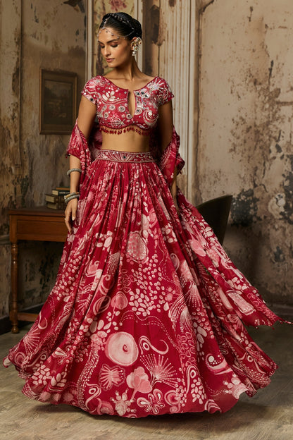 SCARLET RED PRINTED AND HIGHLIGHTED LEHENGA SET