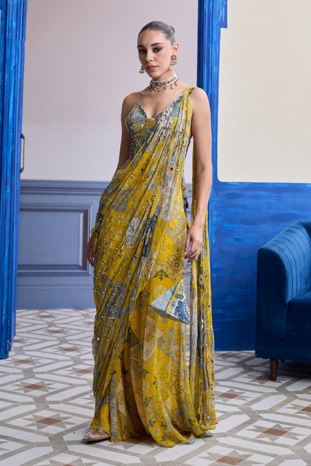 YELLOW GREY MOSAIC RUCHED CORSET WITH DRAPE SHARARA SAREE SET