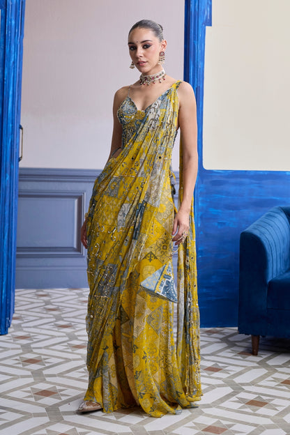 YELLOW GREY MOSAIC RUCHED CORSET WITH DRAPE SHARARA SAREE SET