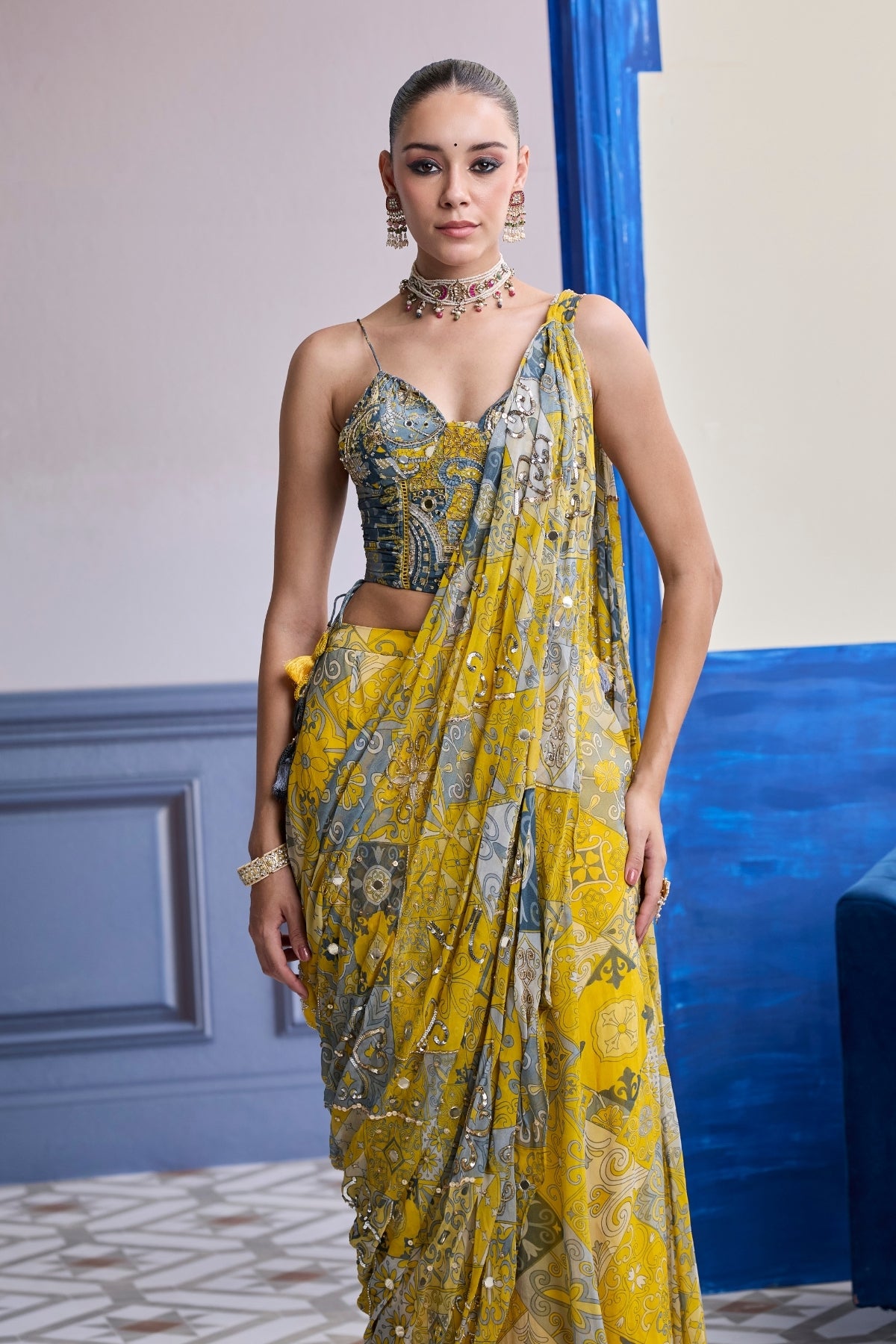 YELLOW GREY MOSAIC RUCHED CORSET WITH DRAPE SHARARA SAREE SET