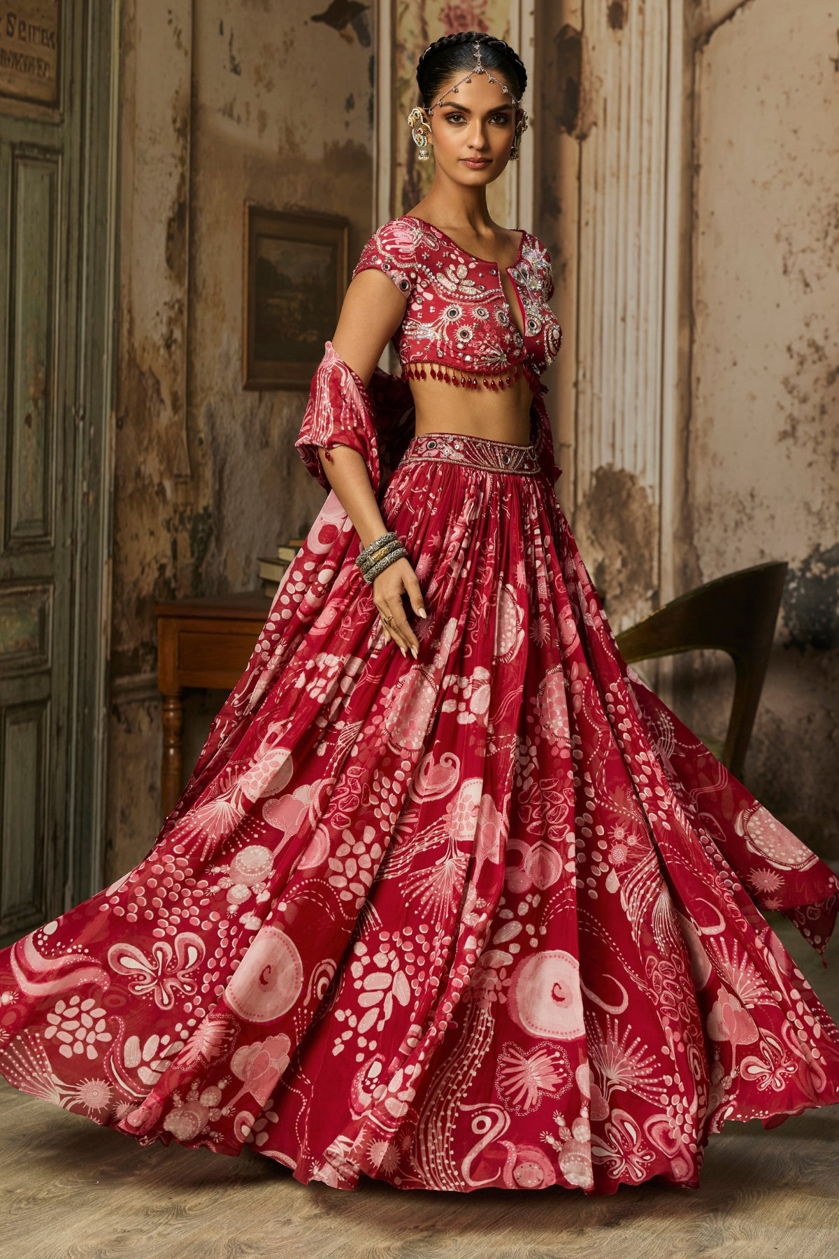 SCARLET RED PRINTED AND HIGHLIGHTED LEHENGA SET