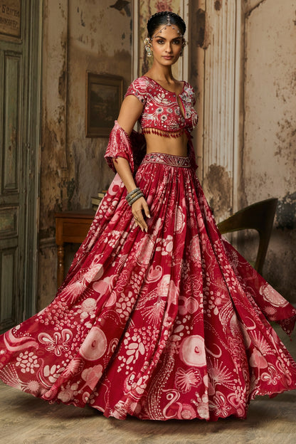 SCARLET RED PRINTED AND HIGHLIGHTED LEHENGA SET