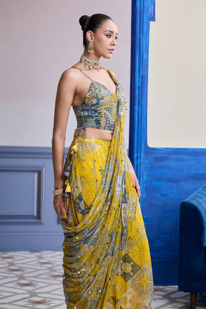 YELLOW GREY MOSAIC RUCHED CORSET WITH DRAPE SHARARA SAREE SET