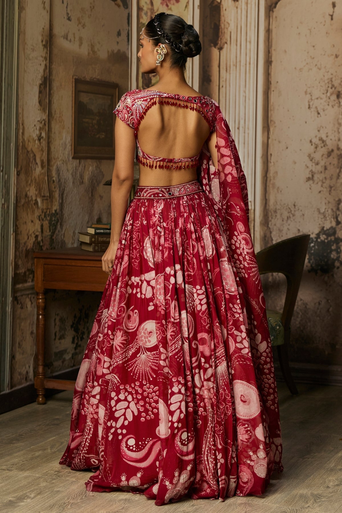 SCARLET RED PRINTED AND HIGHLIGHTED LEHENGA SET